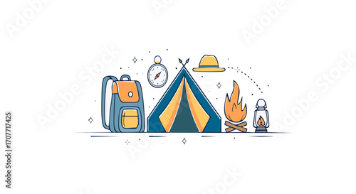 Camping gear and equipment arranged around a tent and campfire, a simple illustration.