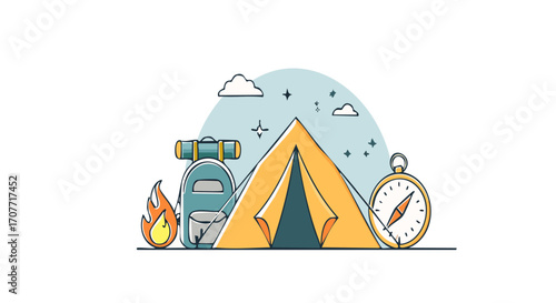 Illustration of camping gear including a tent, backpack, sleeping bag, campfire, and compass, set against a stylized sky with clouds and stars.
