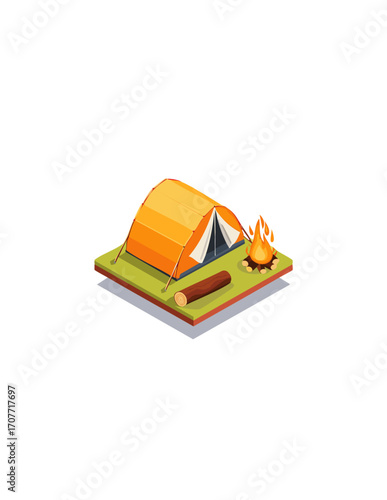 An isometric illustration depicts a cozy camping scene with an orange tent, a crackling campfire, and a log on a grassy patch.