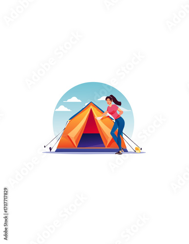 A woman setting up a vibrant orange and blue camping tent under a bright sky.