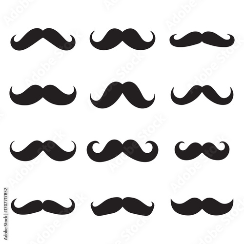 Collection Set of Black Mustache Icons – Classic Mustache Styles, Vintage Beard & Retro Facial Hair Vector