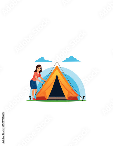 A woman sets up an orange camping tent in a cartoon illustration.