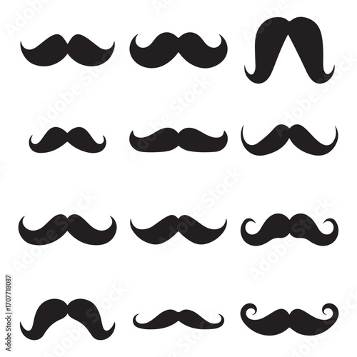 Collection Set of Black Mustache Icons – Classic Mustache Styles, Vintage Beard & Retro Facial Hair Vector