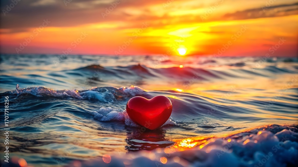 Fototapeta premium A vibrant sunset over the ocean with a red heart in the foreground