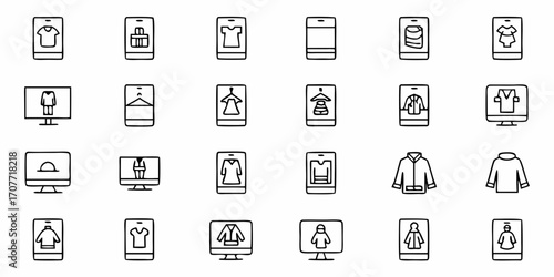 Line art icons depicting online clothing shopping and various apparel displayed on screens and phones