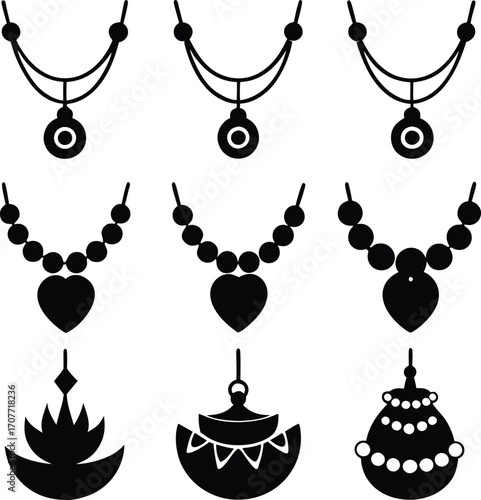Black Necklace Icons: Elegant Jewelry Designs, Vector Illustrations