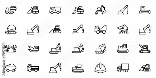 Line drawings of various construction vehicles including trucks cranes and excavators in a grid format