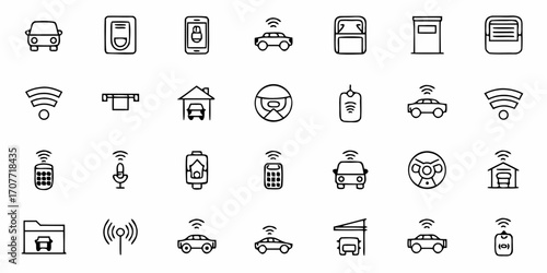 Collection of smart home and automotive icons featuring cars, garages, and remote control devices displayed