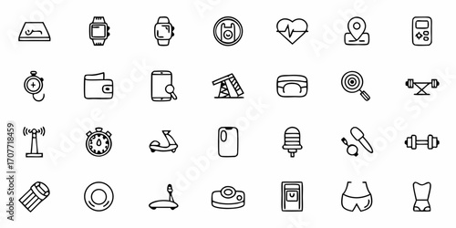 Collection of diverse outline icons including fitness health and technology related symbols displayed here
