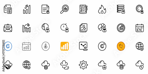 Collection of business and data analysis icons including charts graphs and security related symbols in outline style