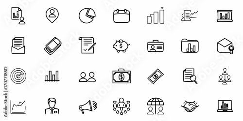 Collection of business related icons including graphs documents people and money in a simple line art style