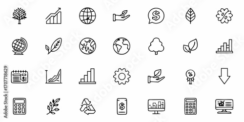 Line art icons depicting business growth, environment, finance, and sustainability related concepts shown