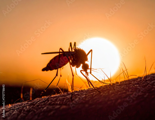 Mosquito sucking on skin, close-up