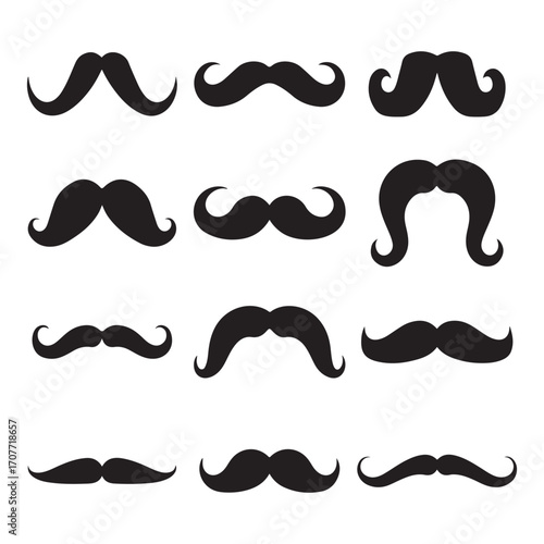 Collection Set of Black Mustache Icons – Classic Mustache Styles, Vintage Beard & Retro Facial Hair Vector