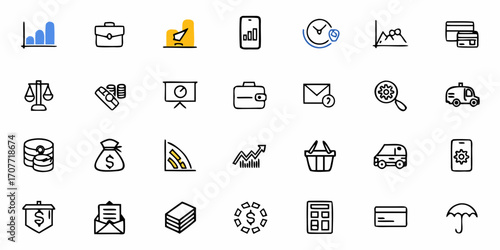 Collection of business and finance icons representing various aspects of commerce and investment tools