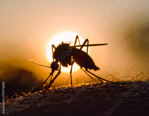 Mosquito sucking on skin, close-up