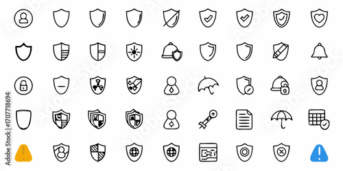 Collection of various security and protection icons including shields people and other safety related symbols