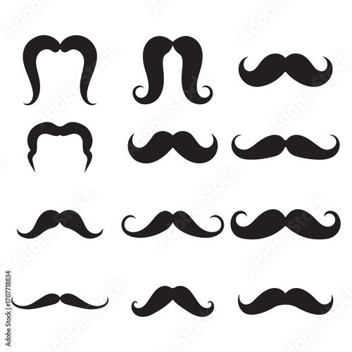 Collection Set of Black Mustache Icons – Classic Mustache Styles, Vintage Beard & Retro Facial Hair Vector