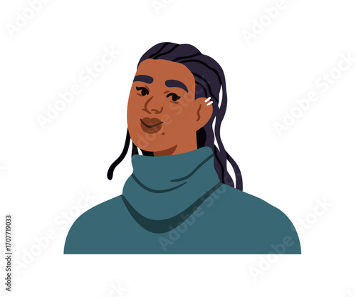 Black woman, head portrait. Young hispanic female face. Modern girl with earr...