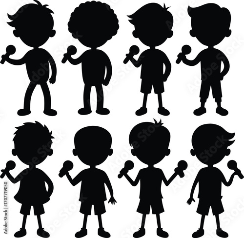 Silhouette Boys Holding Microphones: Vector Illustration Set