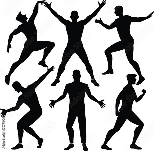 Black Silhouettes of Men in Dynamic Poses for Fitness and Sport