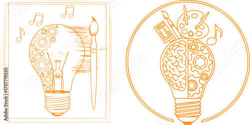 Creative Mind Light Bulb with Brain, Gears, and Artistic Elements