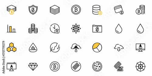 Illustration of various financial and technological icons in a structured grid arrangement format