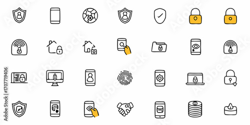 Illustration of various security and technology related icons in a simple doodle style design format