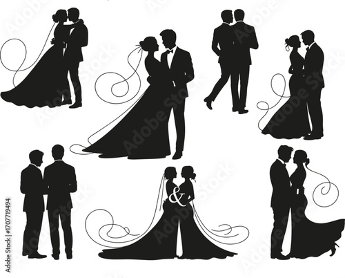 Romantic wedding couple silhouettes, same-sex and heterosexual poses, elegant bridal and groom vector art for invitations, cards, decorations, designs