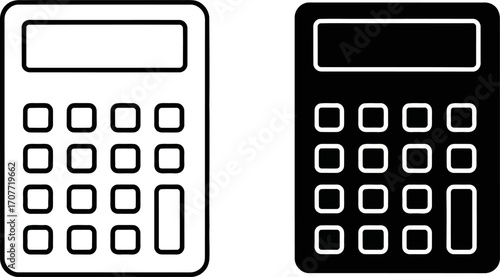 Two simple icons of a calculator, one in outline and the other filled in black.