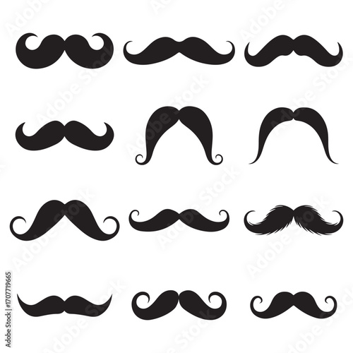 Collection Set of Black Mustache Icons – Classic Mustache Styles, Vintage Beard & Retro Facial Hair Vector