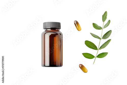 A brown glass bottle with supplements, surrounded by green leaves and capsules on a white isolated background.