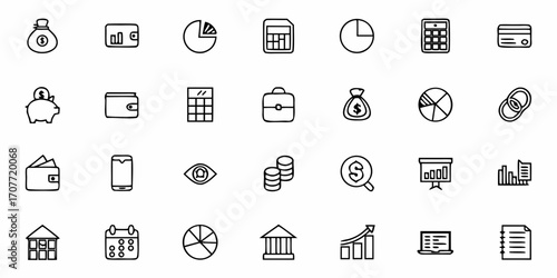 Collection of finance and business icons including money bag wallet chart and graph in a simple line style