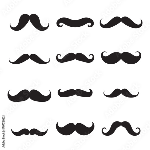 Collection Set of Black Mustache Icons – Classic Mustache Styles, Vintage Beard & Retro Facial Hair Vector