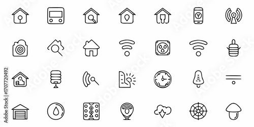 Collection of various outline style icons related to smart home and technology features displayed
