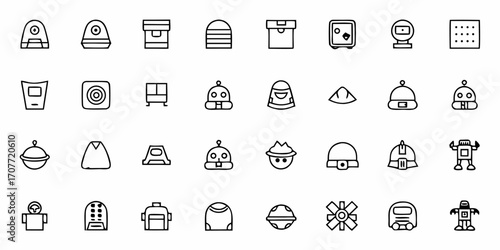 Collection of outline icons featuring various objects like robots boxes and headwear in black and white
