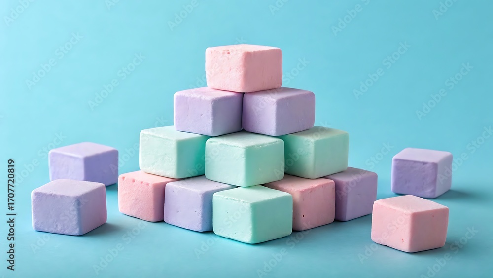Obraz premium Colorful pastel soap cubes stacked in a pyramid arrangement on blue