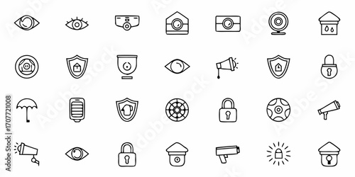 Various security and surveillance icons including cameras, eyes, locks and other security elements