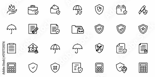Collection of insurance icons featuring shields umbrellas and documents in a line art style design