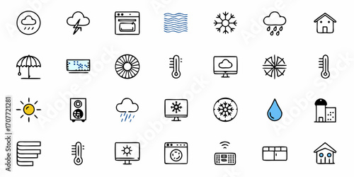 Collection of weather appliances and home related icons including rain clouds and temperature symbols icons set