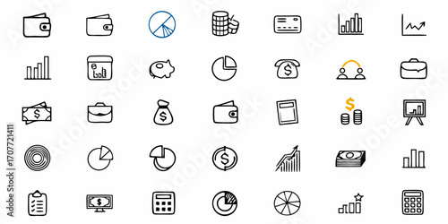 Illustration showing a collection of finance and business icons including charts, money, and office tools