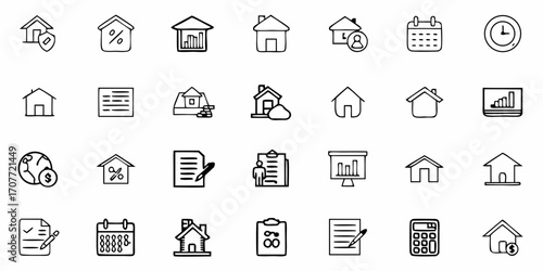 Illustration of various real estate and financial icons including houses calendars and data charts displayed