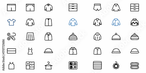 Illustration of various clothing items including shirts pants skirts and accessories in a neat arrangement