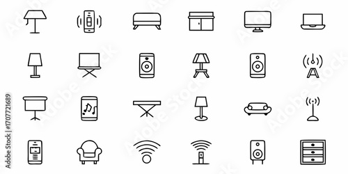 Illustration of assorted furniture and electronic devices in a minimalist line art style design set