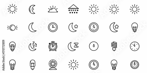 Collection of various line art icons representing time, weather, and lighting elements in simple style