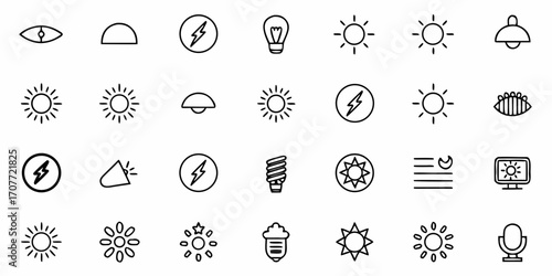 Collection of various light related icons including suns bulbs and electrical symbols in a grid layout