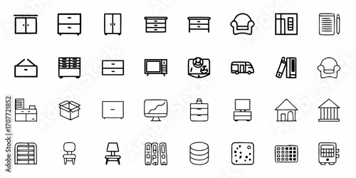 Line art depiction of furniture and objects including cabinets chairs and electronics in a grid layout