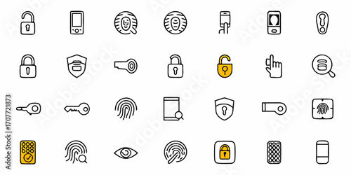 Collection of security and access control icons including locks, keys, fingerprints, and mobile devices