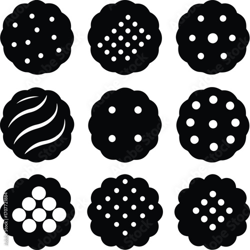 Black and White Cookie Icons Set: Round, Scalloped, Dot Designs