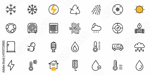 Collection of various weather related icons including snow sun rain and temperature in a simple design
